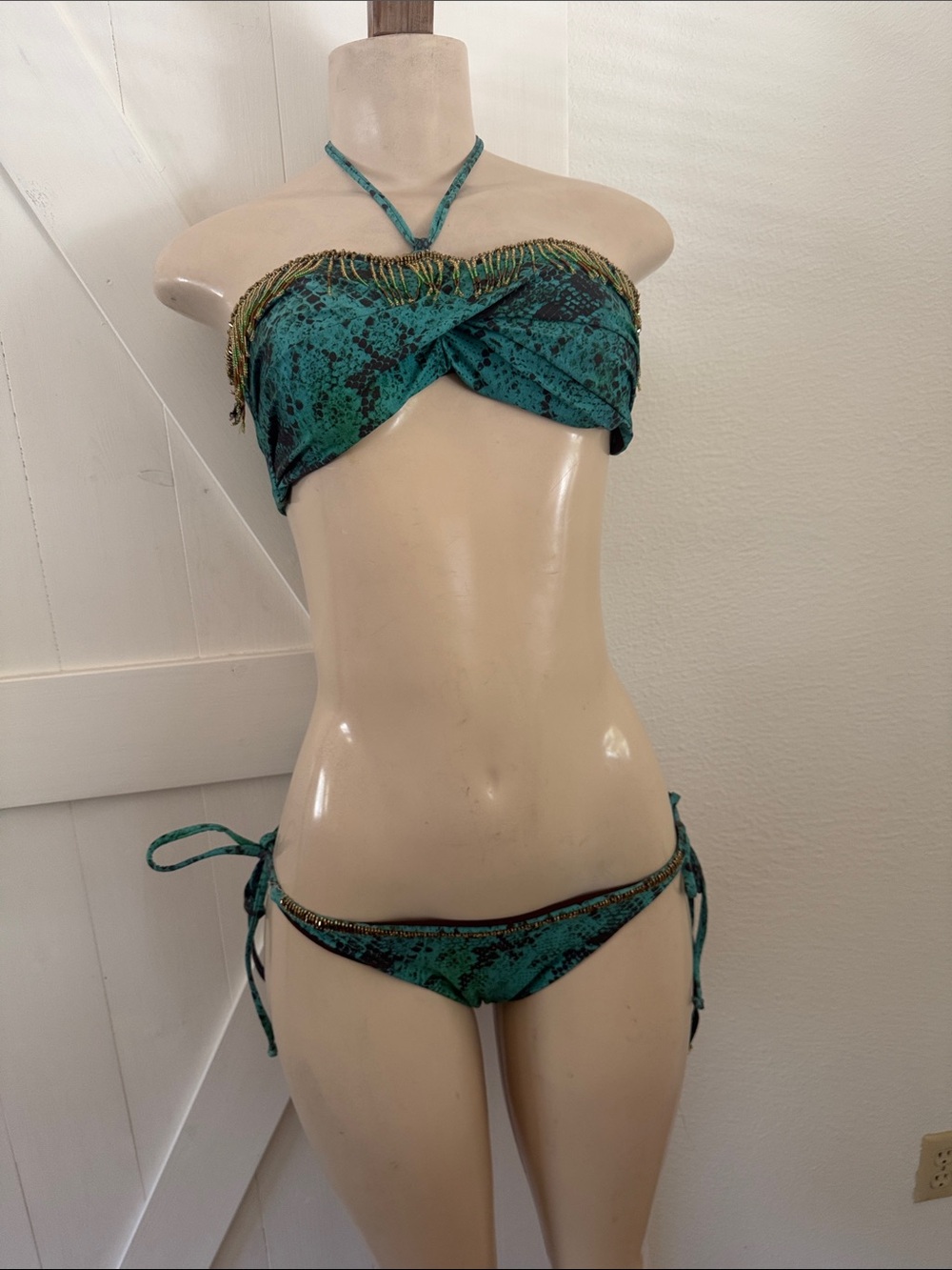 Green Snake Print w Beaded Fringe Tie Bikini Set - Women Swim M